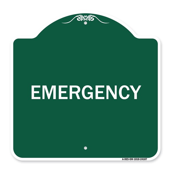 Designer Series Sign-Emergency, Green & White Aluminum Architectural Sign, 18" x 18", GW-1818-24107